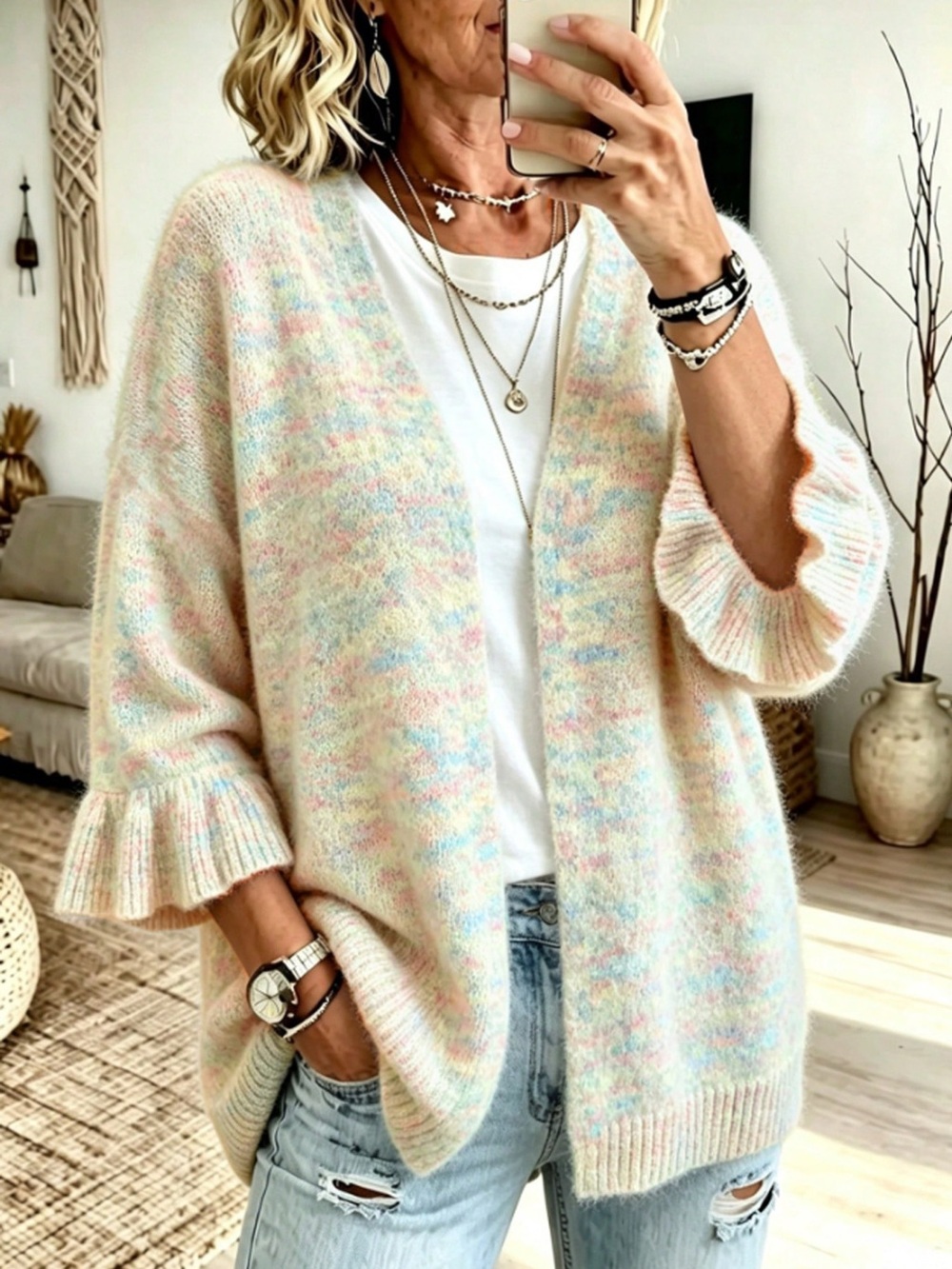 Full Size Ruffle Sleeve Open-Front Cardigan Plus Size